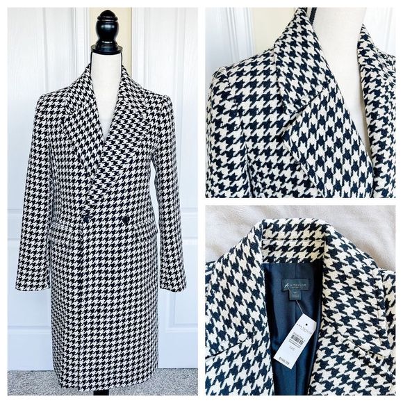 Ann Taylor Size XXS Black White Houndstooth Long Winter Coat with Side Pockets - Picture 1 of 13